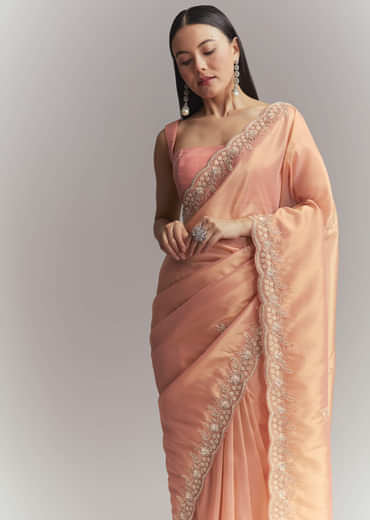Peach Tissue Embroidered Saree With Heavy Hand Embroidery