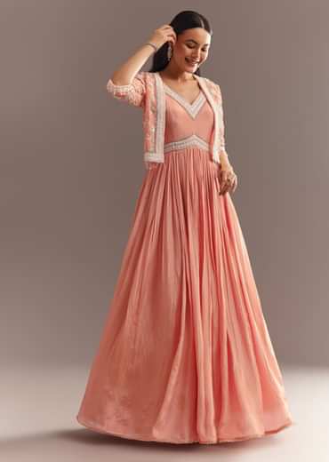 Peach Tissue Gown With Embroidered Jacket