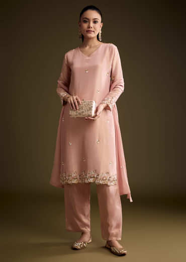 Peach Tissue Kurta Set With Sequins And Moti Embroidery