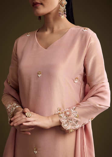 Peach Tissue Kurta Set With Sequins And Moti Embroidery