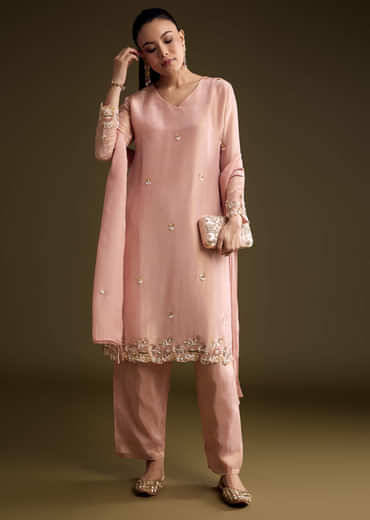 Peach Tissue Kurta Set With Sequins And Moti Embroidery