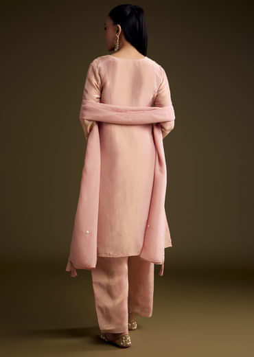 Peach Tissue Kurta Set With Sequins And Moti Embroidery