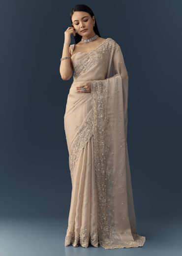 Peach Tissue Organza Cutwork Saree with Unstitched Blouse Fabric