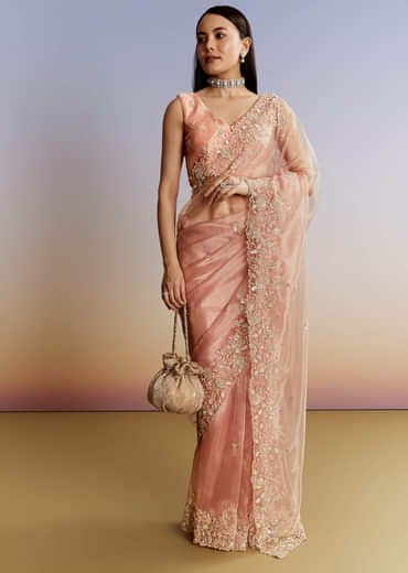 Peach Tissue Saree With Floral Moti And Cutdana Embroidery