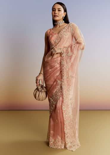 Peach Tissue Saree With Floral Moti And Cutdana Embroidery