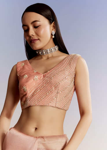 Peach Tissue Saree With Floral Moti And Cutdana Embroidery