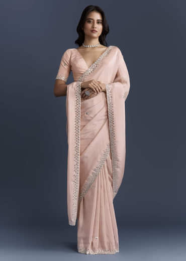 Peach Tissue Saree With Heavy Hand Embroidery