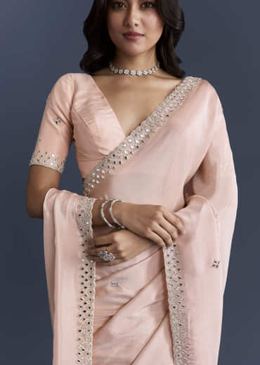 Peach Tissue Saree With Heavy Hand Embroidery