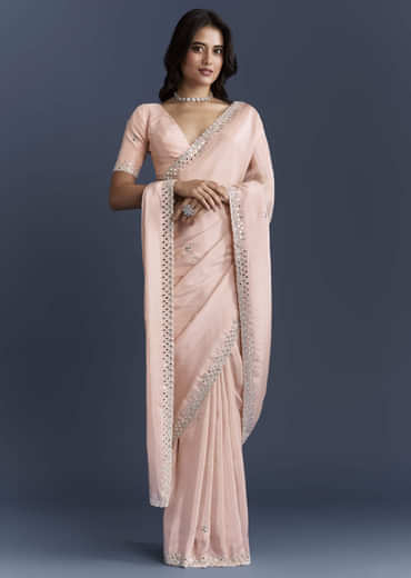 Peach Tissue Saree With Heavy Hand Embroidery