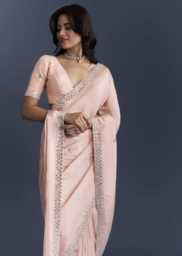 Peach Tissue Saree With Heavy Hand Embroidery