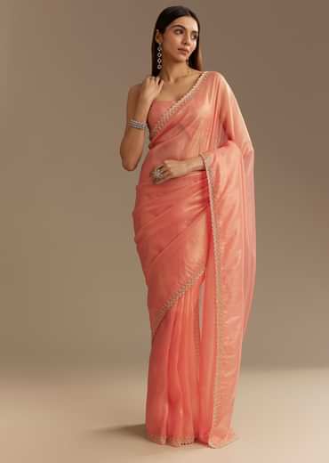 Peach Tissue Saree With Stones Cutdana Embellishments And Scallop Border