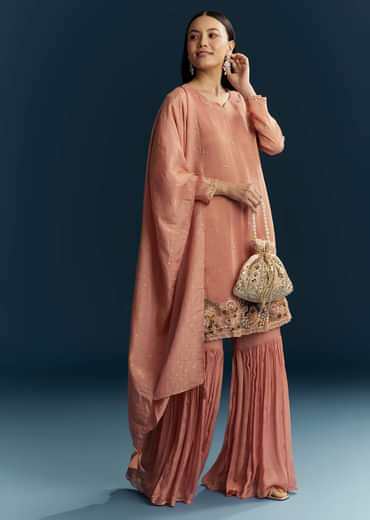 Peach Tissue Sharara Suit With Zardosi And Thread Work