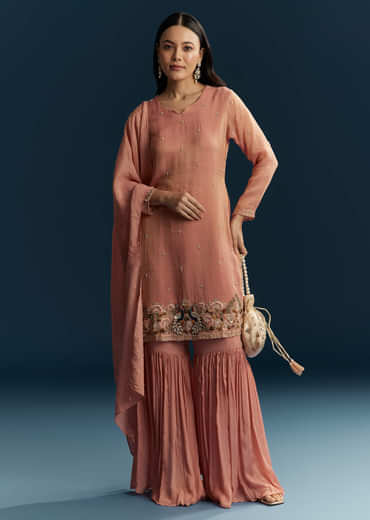 Peach Tissue Sharara Suit With Zardosi And Thread Work