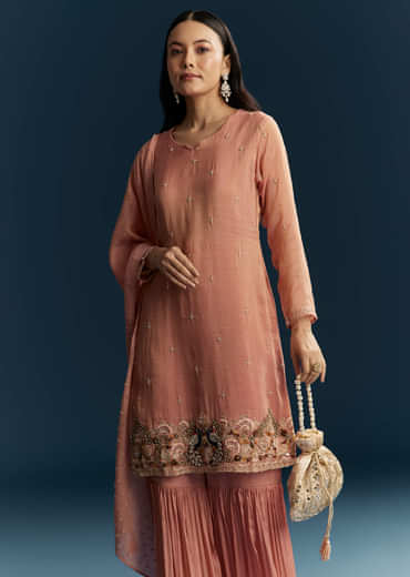 Peach Tissue Sharara Suit With Zardosi And Thread Work