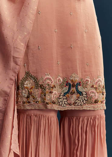 Peach Tissue Sharara Suit With Zardosi And Thread Work