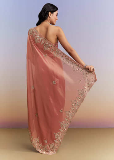 Peach Tissue Silk Saree With Heavy Hand Embroidery