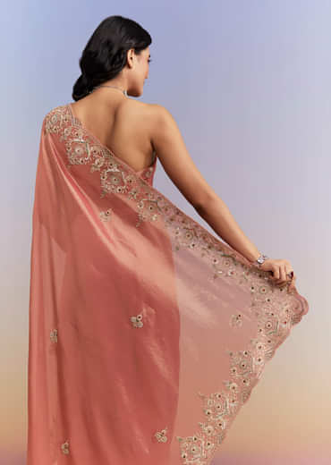 Peach Tissue Silk Saree With Heavy Hand Embroidery
