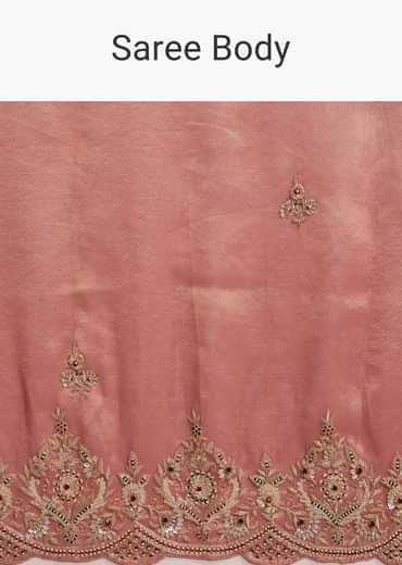 Peach Tissue Silk Saree With Heavy Hand Embroidery