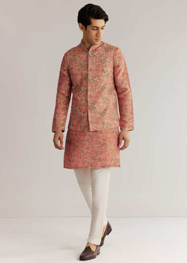Peach Tissue Stone Sequin Work Kurta Jacket Set