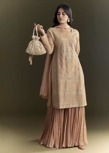 Peach Zardosi Moti Kurta And Cutdana Scallop Bordered Dupatta