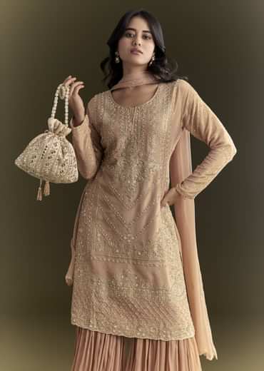 Peach Zardosi Moti Kurta And Cutdana Scallop Bordered Dupatta