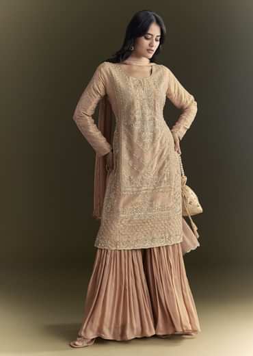 Peach Zardosi Moti Kurta And Cutdana Scallop Bordered Dupatta