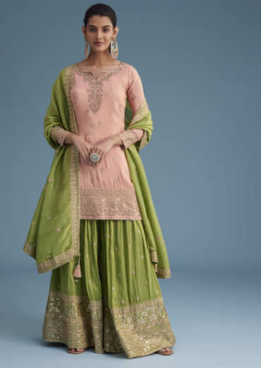 Peach And Green Tissue Palazzo Set With Zardosi And Sequins Work