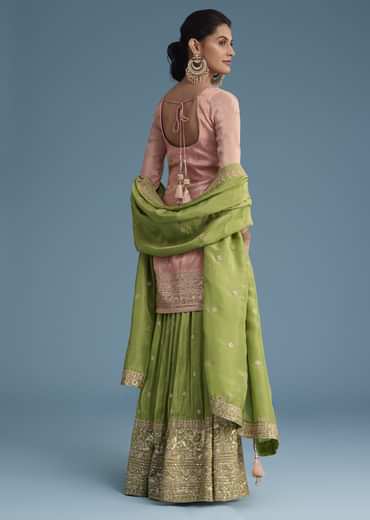 Peach And Green Tissue Palazzo Set With Zardosi And Sequins Work