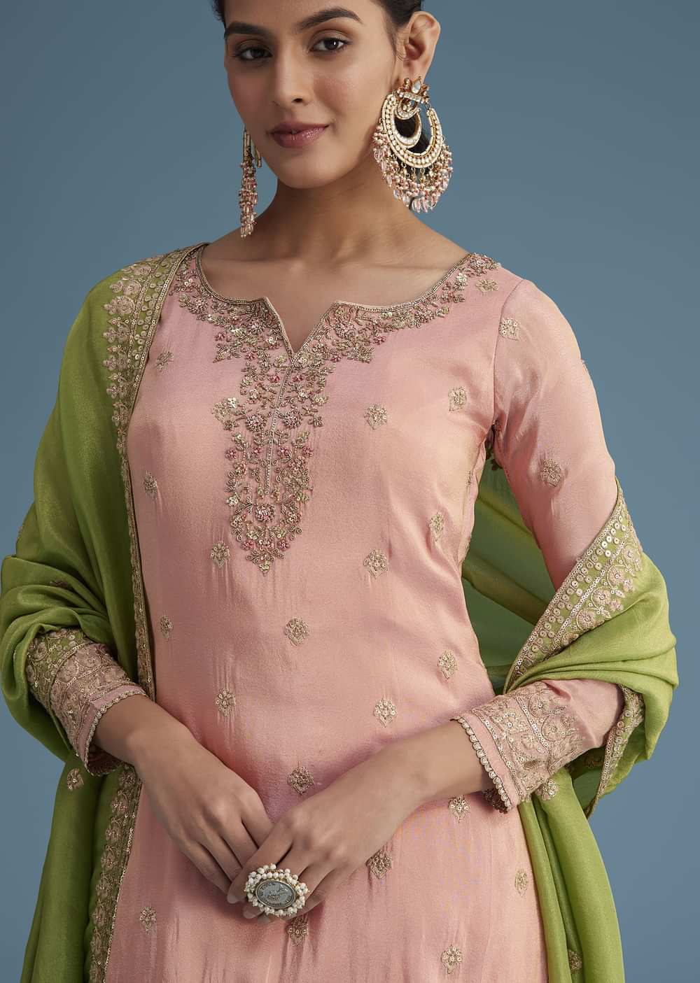 Peach And Green Tissue Palazzo Set With Zardosi And Sequins Work