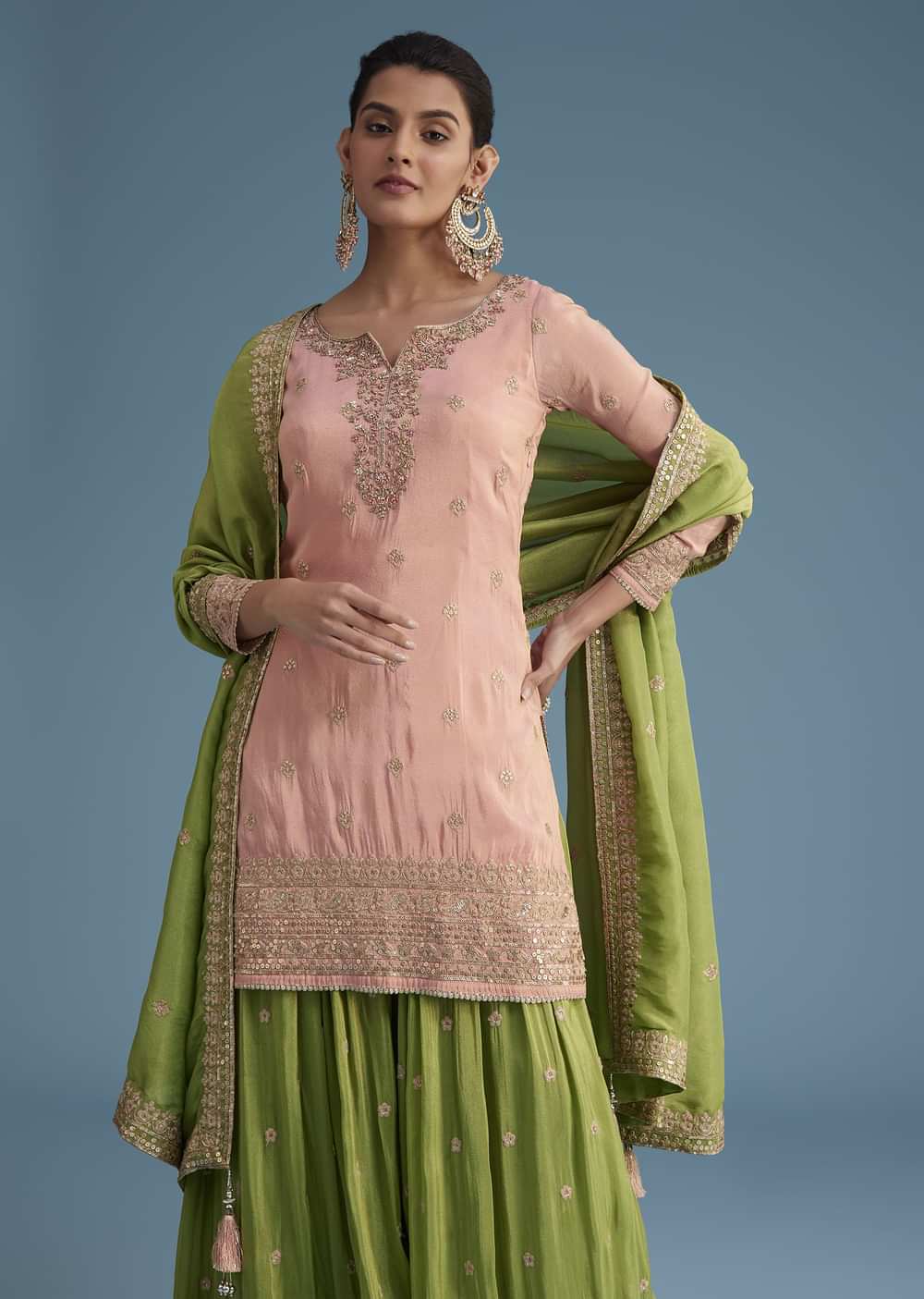 Peach And Green Tissue Palazzo Set With Zardosi And Sequins Work