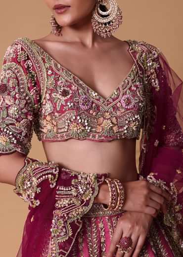 Pink Raw Silk 16 Kali Lehenga And 3D Pearl Embellished Blouse Set