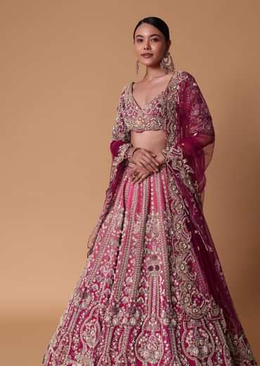 Pink Raw Silk 16 Kali Lehenga And 3D Pearl Embellished Blouse Set