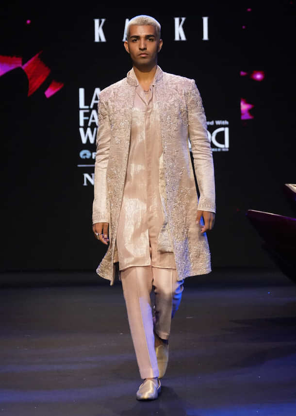 Peach Banarasi Brocade Embroidered Sherwani Suit With Floral Motifs