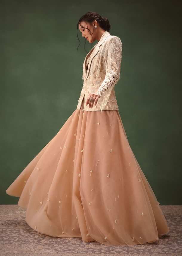 Peach Banarasi Embroidered Jacket With Palazzo And Suspender