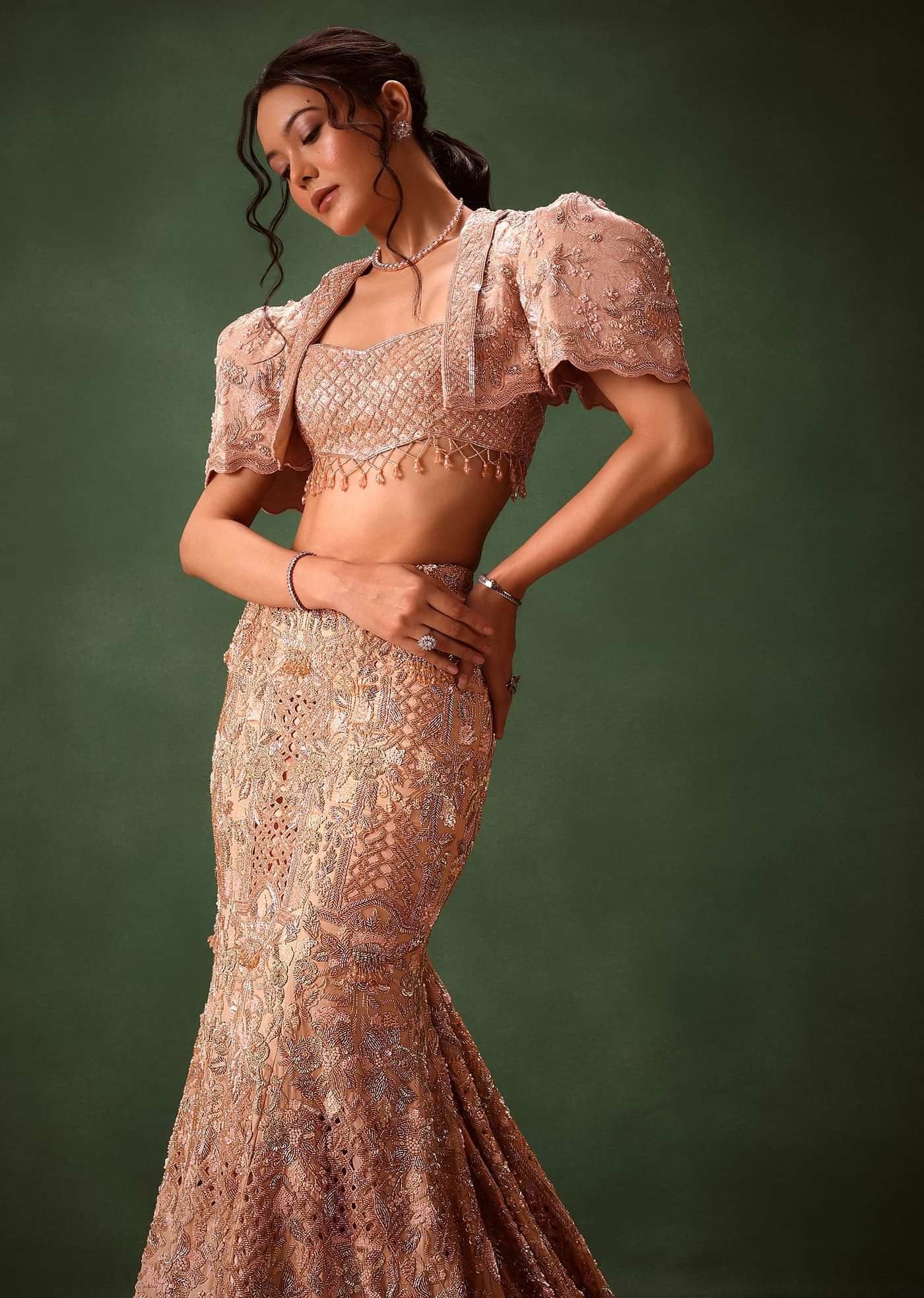 Peach Brocade Cutdana Work Jacket Skirt Suit