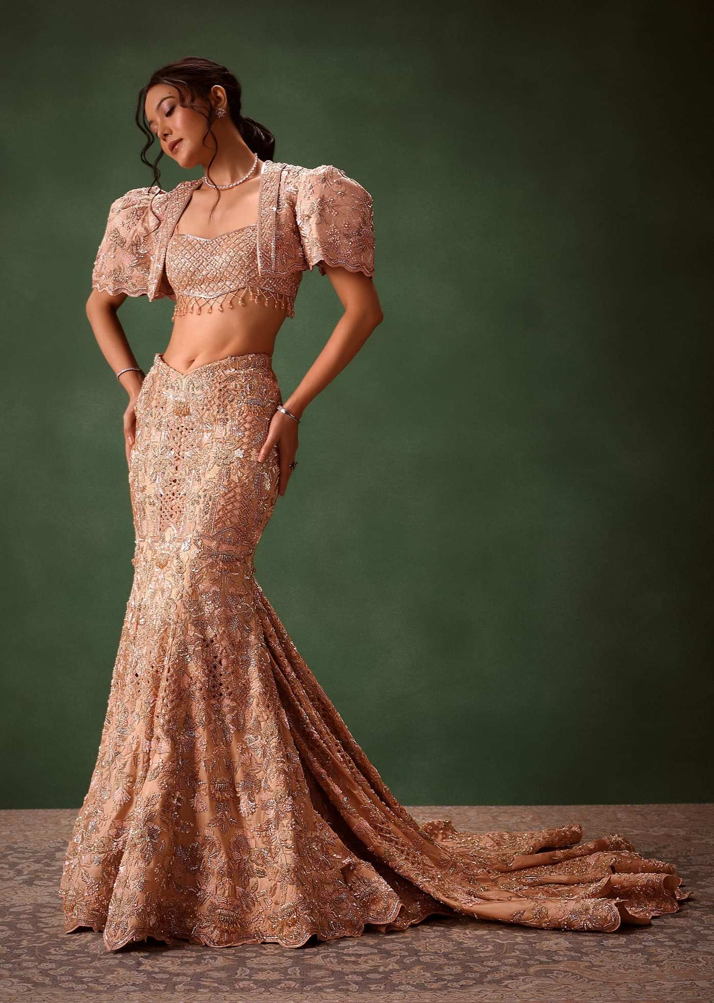 Peach Brocade Cutdana Work Jacket Skirt Suit