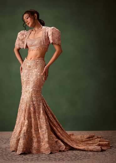 Peach Brocade Cutdana Work Jacket Skirt Suit