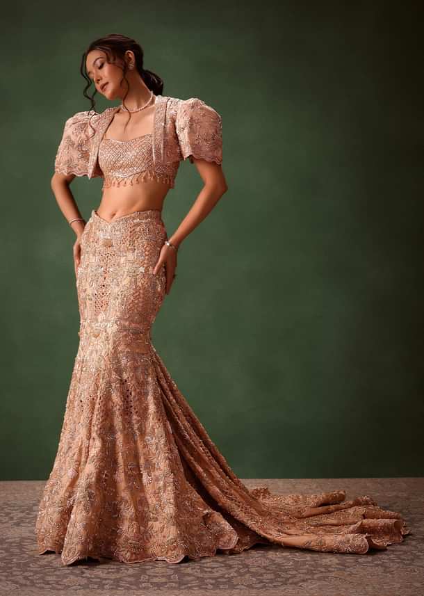 Peach Brocade Cutdana Work Jacket Skirt Suit