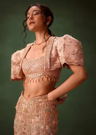 Peach Brocade Cutdana Work Jacket Skirt Suit