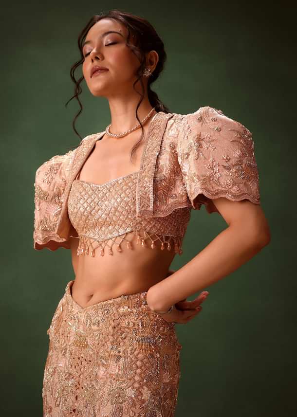 Peach Brocade Cutdana Work Jacket Skirt Suit