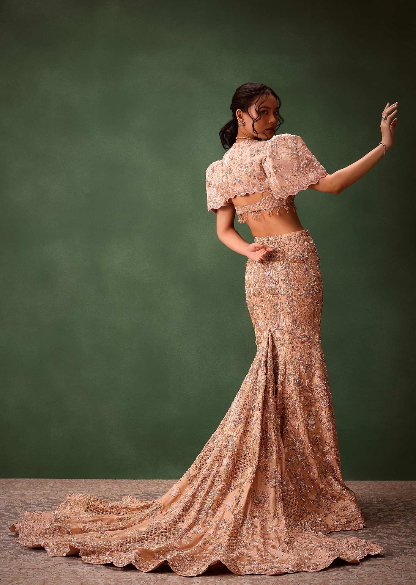 Peach Brocade Cutdana Work Jacket Skirt Suit