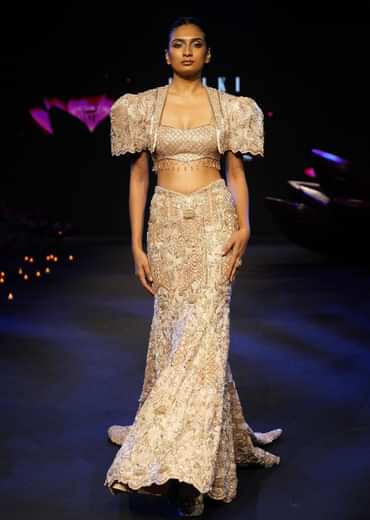 Peach Brocade Cutdana Work Jacket Skirt Suit