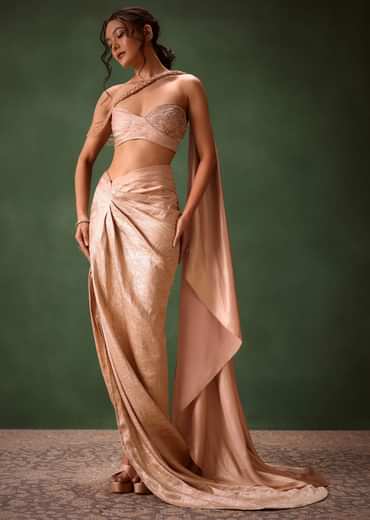 Peach Brocade Draped Skirt With Pleated One Shoulder Blouse