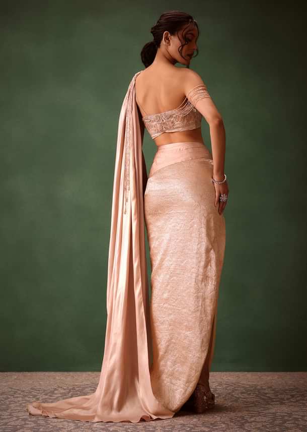 Peach Brocade Draped Skirt With Pleated One Shoulder Blouse