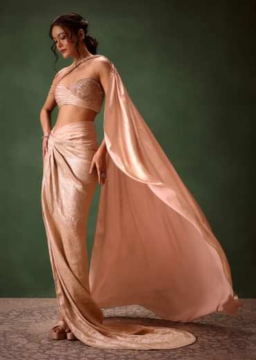Peach Brocade Draped Skirt With Pleated One Shoulder Blouse