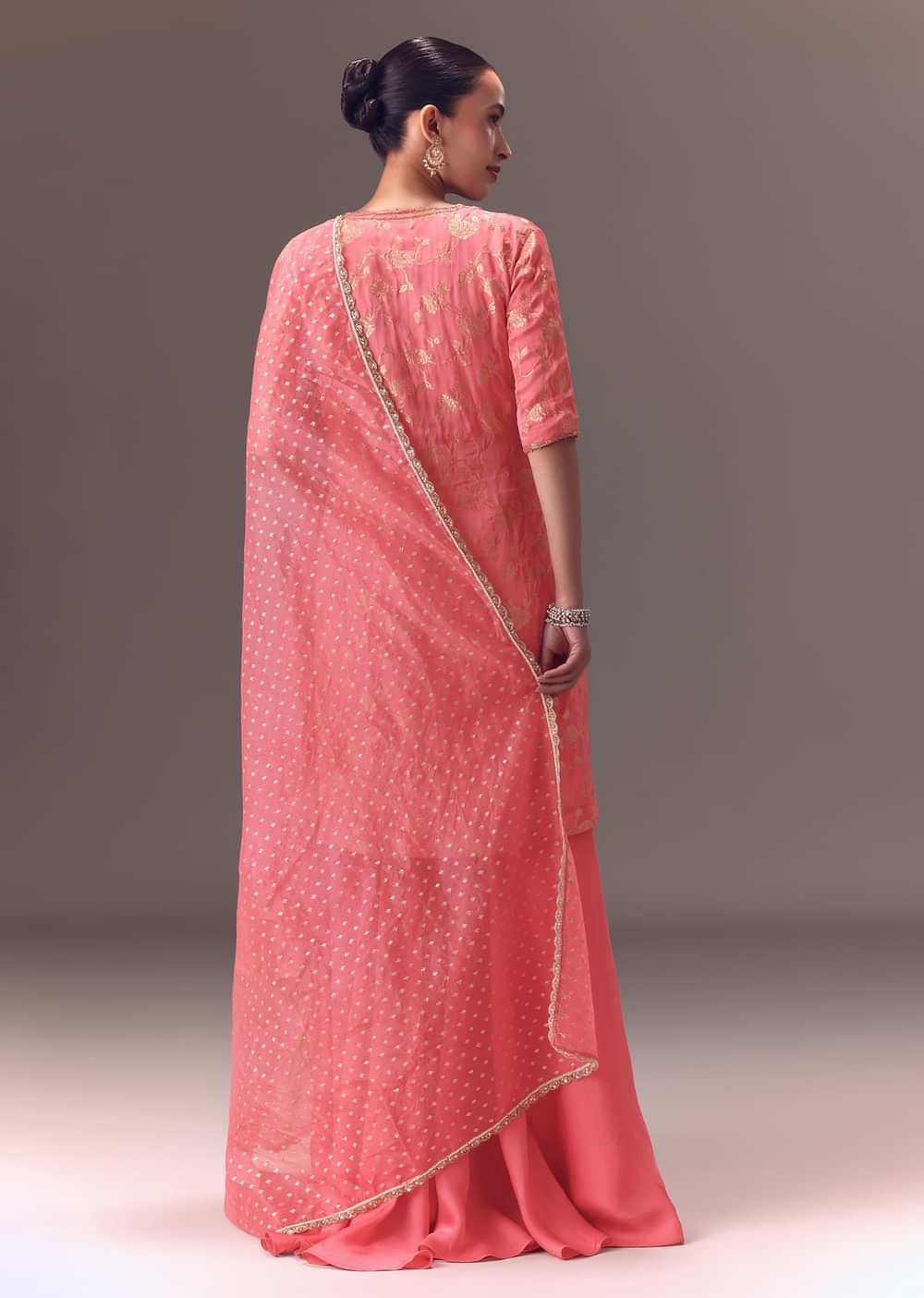 Peach Brocade Kurti With Sharara Pants And Dupatta