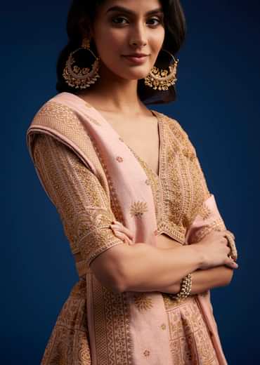 Peach Brocade Lehenga Set With Zari And Resham Work