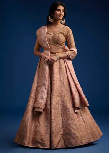 Peach Brocade Lehenga Set With Zari And Resham Work