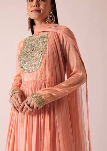 Peach Chiffon Embroidered Anarkali With Dupatta