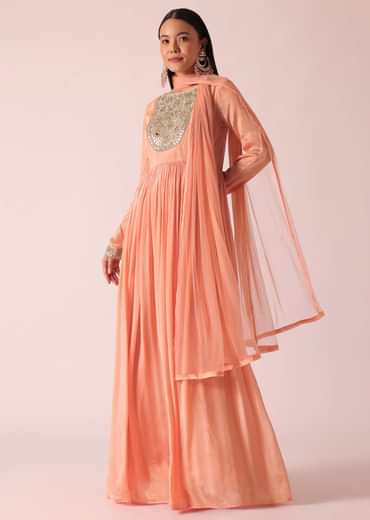 Peach Chiffon Embroidered Anarkali With Dupatta